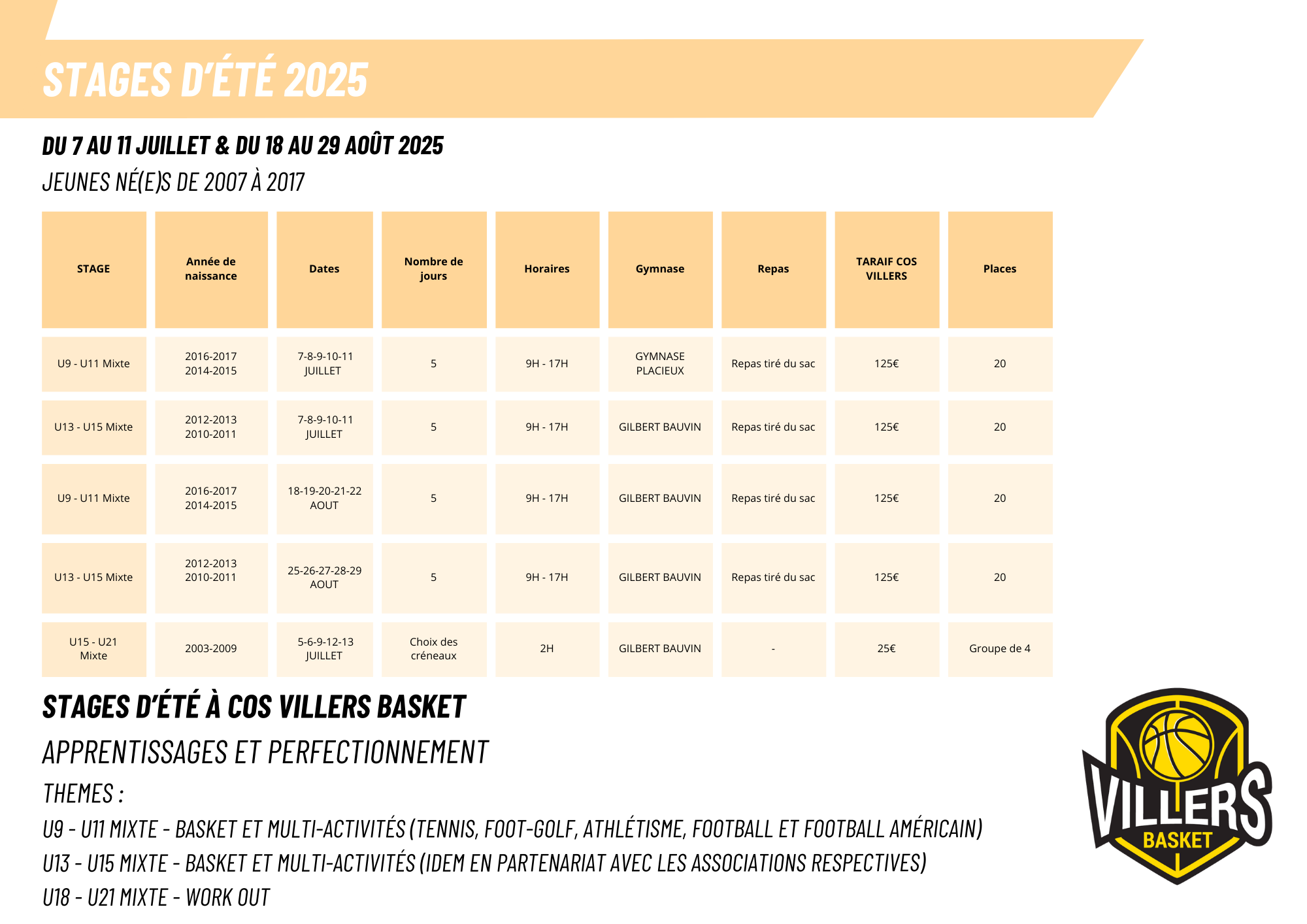 STAGE ETE Jeunes né(e)s de 2007 à 2017